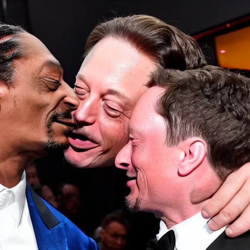 Prompt: snoop dogg french kissing elon musk on the mouth with using a long tongue, in front of paparazzi on the red carpet, 8 k, photo, award winning,