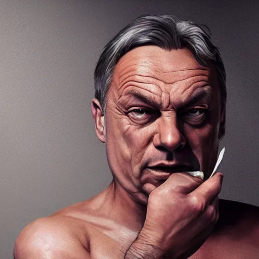Image similar to ( ( viktor orban ) ) with realistic face sitting on the toilet and eating bacon by greg rutkowski, highly detailed, octane render, 4 k, 8 k, hdr, cgsociety, amazing lightning, masterpiece