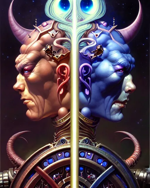 Image similar to beautiful gemini good and evil fantasy character portrait, ultra realistic, wide angle, intricate details, the fifth element artifacts, highly detailed by peter mohrbacher, hajime sorayama, wayne barlowe, boris vallejo, aaron horkey, gaston bussiere, craig mullins