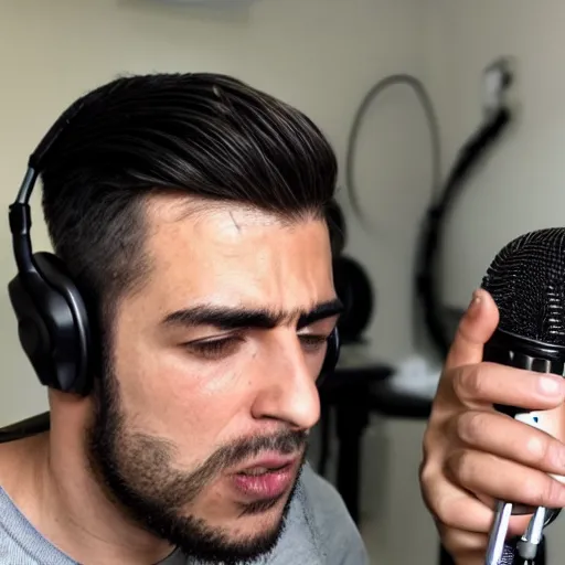 Image similar to handsome Portuguese male twitch streamer looking angrily at his expensive studio mic which isn't working, 4k