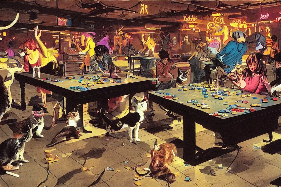 Prompt: people playing dice with cats in a neon basement, by john kricfalusi and syd mead