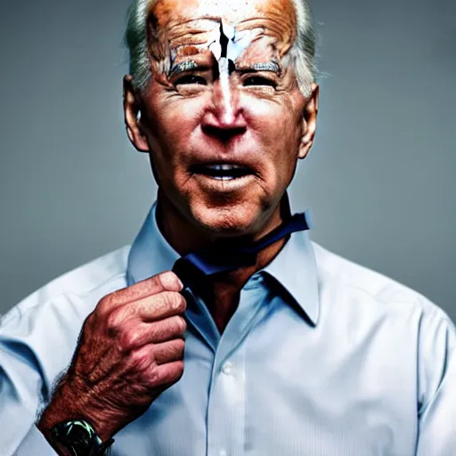 Image similar to uhd candid photo of joe biden wearing a anti - biting muzzle, with accurate face, real anti - biting muzzle, uhd, studio lighting, correct face, photo by annie leibovitz