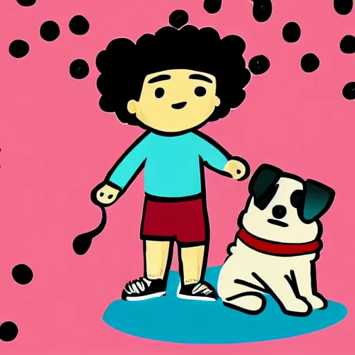 Image similar to illustration of boy playing football with his dog on the streets of paris and his dog happens to be corgi that wears a polkadot scarf