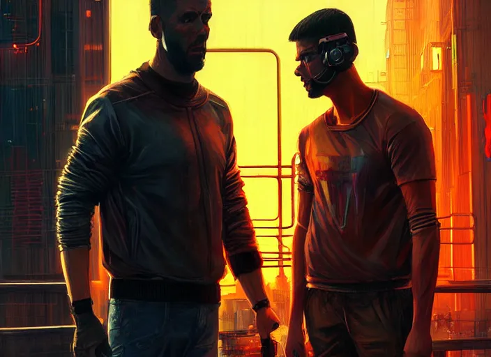 Image similar to cyberpunk meathead tries to intimidate cyberpunk feminist chick ( blade runner 2 0 4 9, dystopian, cyberpunk 2 0 7 7 character design ). gorgeous face. epic painting by james gurney and laurie greasley, oil on canvas. cinematic, hyper realism, realistic proportions, anatomy, dramatic lighting, high detail 4 k