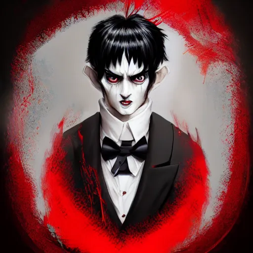 Image similar to full face shot of a butler with straight black hair, a red highlight, long bangs, with black eyes, sharp teeth, fancy bridegroom, ultra detailed, brush strokes, digital painting, cinematic, wlop artstation, pixiv, eerie, scary, intimidating glare, evil, demonic, yoshitaka amano, junji ito,