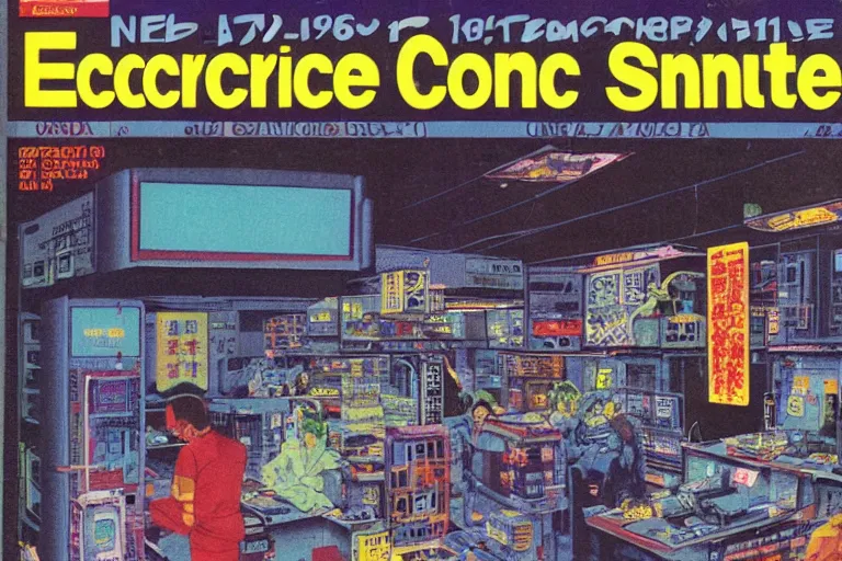 Image similar to 1979 Popular science Magazine Cover of an electronics stall in neo-Tokyo in cyberpunk style by Vincent Di Fate