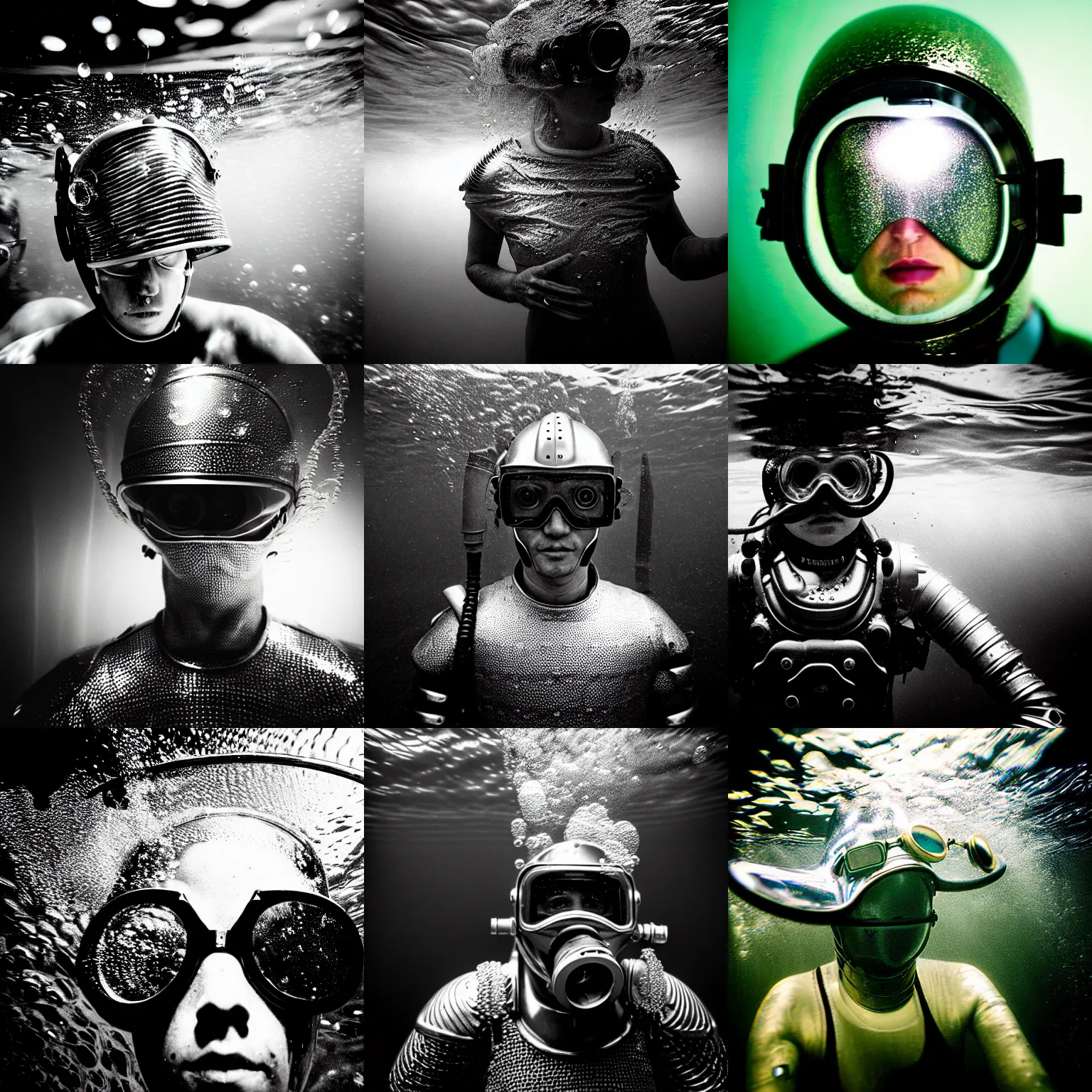 Prompt: Underwater photo of a stylish person in metal armor by Trent Parke, staring at a camera through a visor, close up, huge bubbles, metallic patterns, clean, detailed
