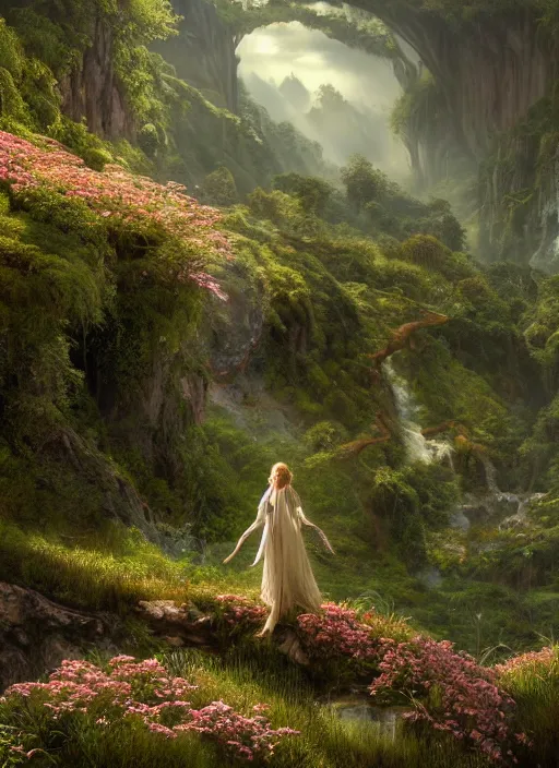 Image similar to an elegant fairy with wings of lace in a lord of the rings scenery landscape, looking out at a vast lush valley flowers and wood structures, stream, sunrise, god's rays highly detailed, vivid color, cinematic lighting, perfect composition, 8 k, gustave dore, derek zabrocki, greg rutkowski, belsinski, octane render