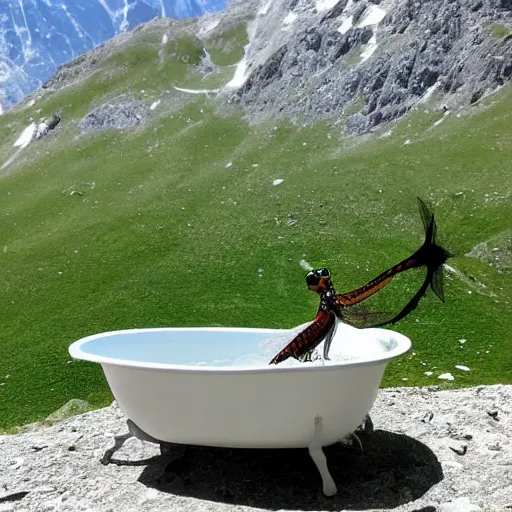 Image similar to dragonfly in a bathtub in the alps, goats!!!!!! sheeps!!! in background