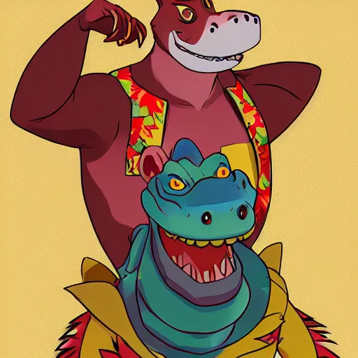 Image similar to in the style of artgerm, loish, anthropomorphic alligator, red scales on his back, yellow scale on his belly and chest, male, waring a hawaiian shirt, in the style of zootopia