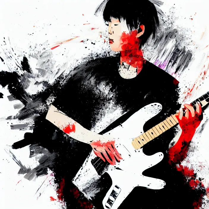 Prompt: large diagonal brush strokes, abstract dark painting of a young korean male musician wearing black tank top holding a telecaster!!! electric guitar!! in a dark room, white background, thick flowing dramatic brush strokes, matte colors, abstract, impressionist, motion, trending on artstation