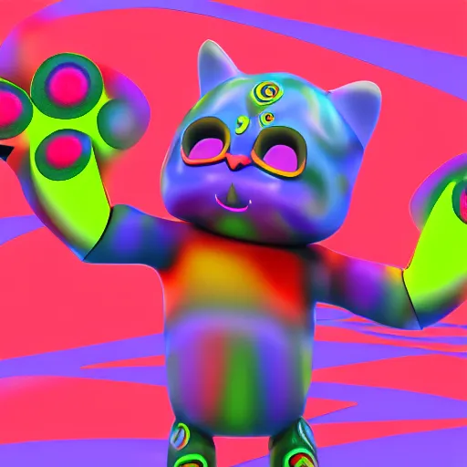 Prompt: 3D render of a dancing psychedelic cartoon cat