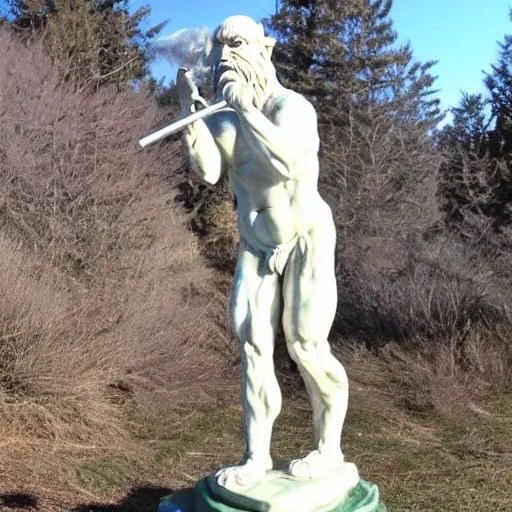 Image similar to a marble statue of Sasquatch smoking a joint