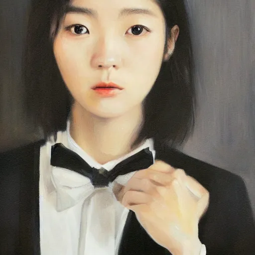 Image similar to portrait of a beautiful korean girl wearing a men's tuxedo, with long hair and bangs, angular features, angry expression, oil on canvas, elegant pose, masterpiece, Jonathan Yeo painting