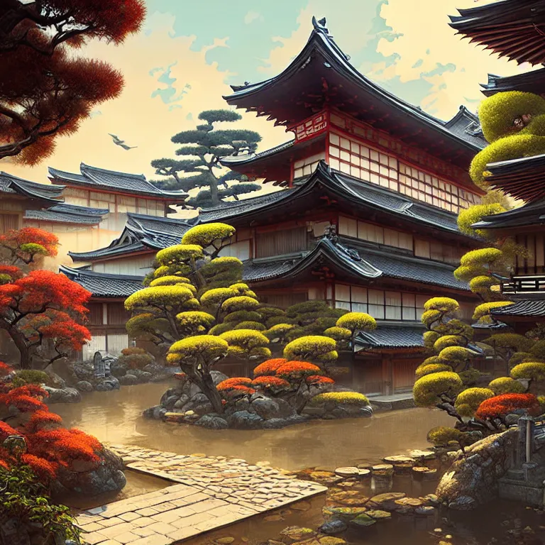 Image similar to old japanese town with garden viewed from harbor, d & d digital painting, ultra realistic, beautiful, volumetric lighting, warm colors advance, cell shading, by james jean, greg rutkowski,