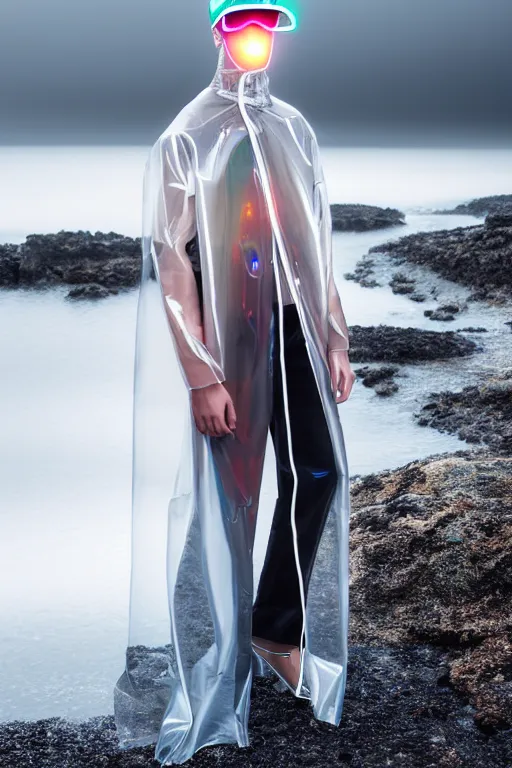 Image similar to an ultra high definition professional high fashion portrait studio full length photograph of a model wearing a transparent pearlescent raincoat and neon visor in an icelandic black rock environment at dawn. no artefacts. extremely detailed. stark. refraction. shallow depth of field. volumetric light and shadow. ray tracing. light rays.