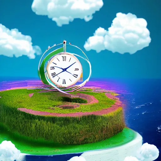 Image similar to a clock floating on an floating island, there are clouds around, it is on earth, on the background there are other floating islands too, floating at the ozone layer, cartoony, 4 k resolution, award winning