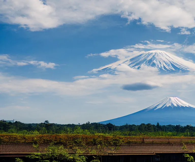 Image similar to a photo of mount fuji, japanese landscape, rice paddies, beautiful sky, seen from a window of a train.