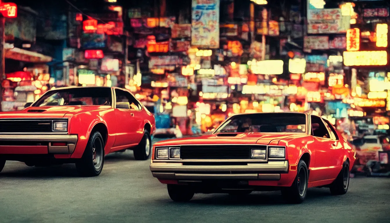 Image similar to 8 0 s asian neon movie still, portrait of a vintage muscle car, medium format color photography, blurred background, movie directed by kar - wai wong, hyperrealistic, photorealistic, high definition, highly detailed, tehnicolor, anamorphic 5 0 mm lens