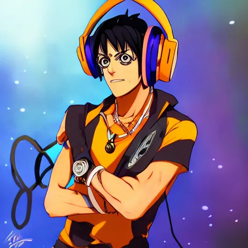 Prompt: Narancia Ghirga with headphones on, official art, key visual, very detailed, Jojo's Bizarre Adventure, digital art, artstation, 8K