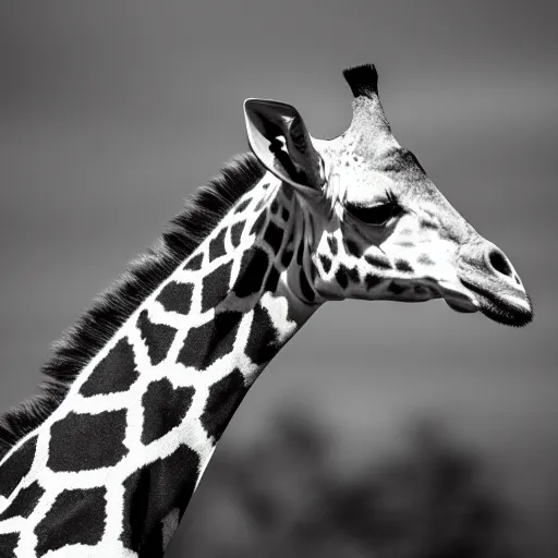 Prompt: a black and white portrait photo of a giraffe. very detailed