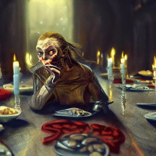 Image similar to “an 8k hi definition super detailed photorealistic picture of a vampire in a dungeon setting sitting at a banquet table full of plates of rats and spiders with red candles”