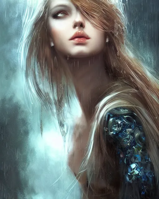 Prompt: a beautiful female, 8 k, hyperrealistic, hyperdetailed, modern clothes full length body, dark fantasy, dark street walking, rain, fantasy portrait by laura sava