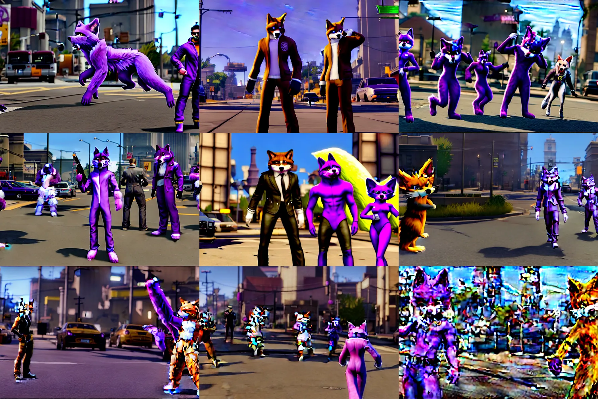 Prompt: tails featured, screenshot of furries / fursuiters in saints row