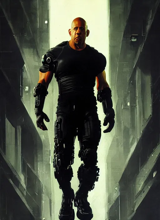 Image similar to vin diesel as victor stone, full body concept, cyborg, borg, strogg, face of a man, terminator, flesh, quake strogg, doom demon, wolfenstein, monstrous, powerful, symmetry, symmetrical, concept art by ruan jia and greg rutkowski