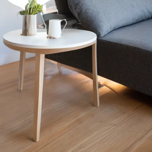 Prompt: luxurious oak table with coffee in a modern white zen minimalist apartment