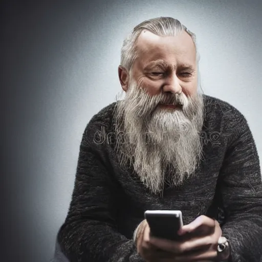 Image similar to Beautiful portrait photo Photograph of Odin using a smartphone, studio lights, stock photo