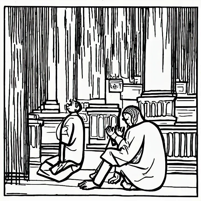 Image similar to a still frame from comic strip a person praying in the temple 1 9 9 0, new yorker illustration, monochrome contrast bw, lineart, manga, simplified