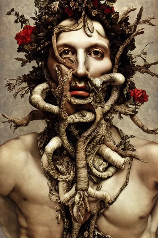 Image similar to Detailed maximalist portrait a greek god with large lips and with large white eyes, exasperated expression, botany bones, HD mixed media, 3D collage, highly detailed and intricate, surreal illustration in the style of Caravaggio, dark art, baroque