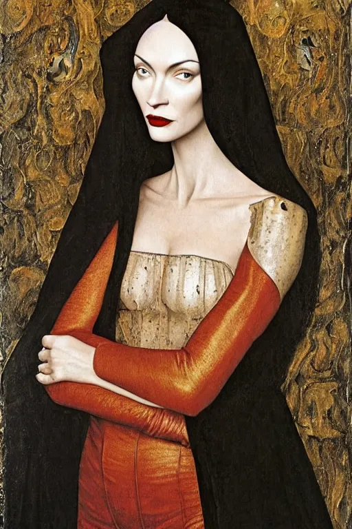 Prompt: portrait of megan fox as morticia addams, oil painting by jan van eyck, northern renaissance art, oil on canvas, wet - on - wet technique, realistic, expressive emotions, intricate textures, illusionistic detail