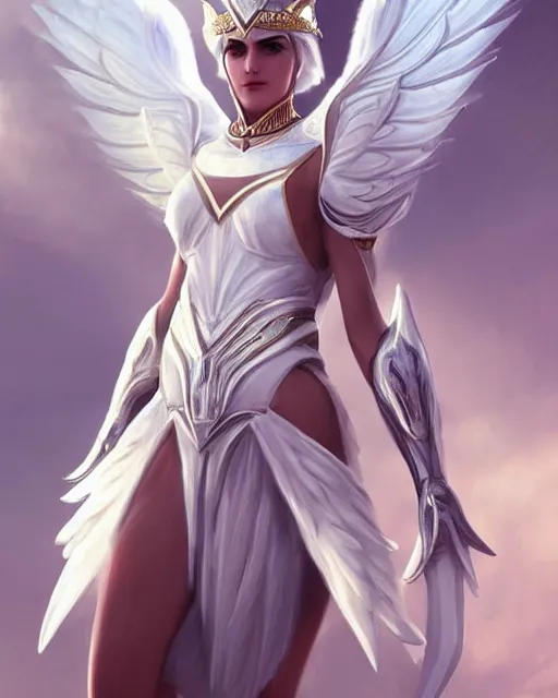 Image similar to perfect white haired egyptian queen emma watson wearing white dove wings warframe armor regal attractive ornate sultry beautiful dreamy digital art painted by wlop trend on artstation, movie key visual