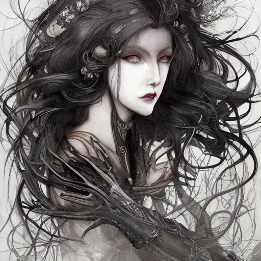 Prompt: banshee, baroque style, elegant, beautiful, mesmerizing, concept art, highly detailed, artstation, behance, deviantart, inspired by innocent manga, inspired by castlevania concept art, trending, ayami kojima, shinichi sakamoto