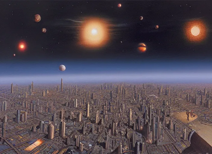 Prompt: the city and the stars, matte painting, peter elson, incredible detail