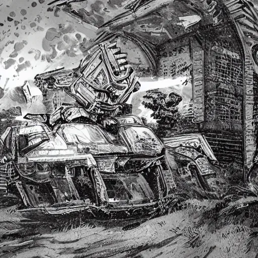 Image similar to Mcbess designed cyberpunk aesthetic TOOL album cover art of a giant mech warrior