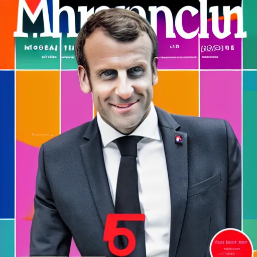 Image similar to colorful Cover of Emmanuel Macron magazine, white borders, 50mm photography, high quality, 4K