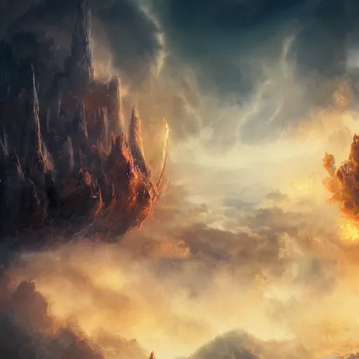 Image similar to heaven vs hell, cloudy sky, Bastien Lecouffe, fantasy, 10 , art Station, 4k UHD