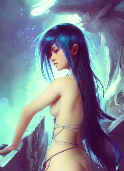 Image similar to stunningly beautiful female blue hair, dj sura face, fantasy art, dark light night, sharp focus, digital painting, 8 k, concept art, art by wlop, artgerm, greg rutkowski and alphonse mucha