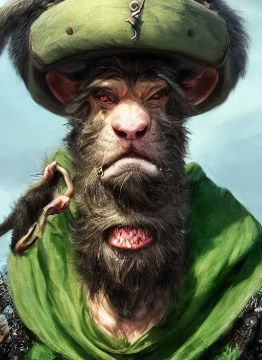 Image similar to mutant rat, bearded, serious, mean eyes, wearing jewelry, tricorne hat, green robe, d & d, digital art, detailed face, highly detailed, trending on artstation, 4 k, sea in the background, art by greg rutkowski