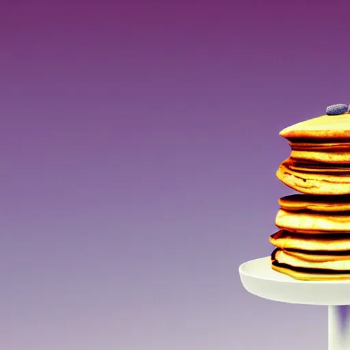 Prompt: a psychedelic stack of pancakes on a pedestal at an art museum, realistic photo, vaporwave style