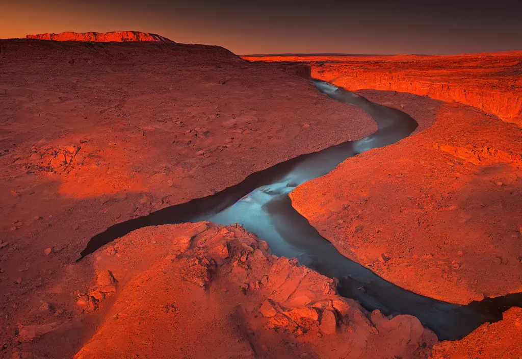 Image similar to a river bend running through a canyon surrounded by desert mountains at sunset on mars, planet mars, moab, utah, ground - level, a tilt shift photo by frederic church, trending on unsplash, hudson river school, photo taken with provia, national geographic photo