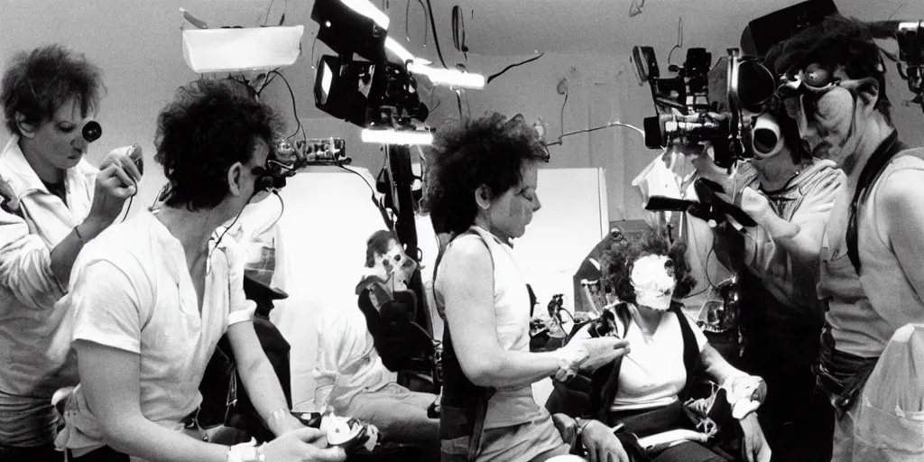 Image similar to color film still, behind the scenes of filming, staff applying makeup to actors. ; alien 2 ( 1 9 8 6 )