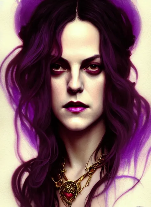 Image similar to portrait of riley keough as a vampire queen, jewelry, greek, purple, intricate, headshot, highly detailed, digital painting, artstation, concept art, sharp focus, cinematic lighting, illustration, art by artgerm and greg rutkowski, alphonse mucha, cgsociety