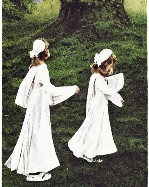 Prompt: “a beautiful and eerie science textbook illustration from the 1970s depicting the girls in white dresses just before they disappeared from hanging rock”