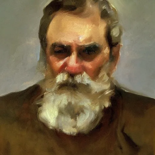 Image similar to detailing character concept portrait of old man by John Singer Sargent, on simple background, oil painting, middle close up composition