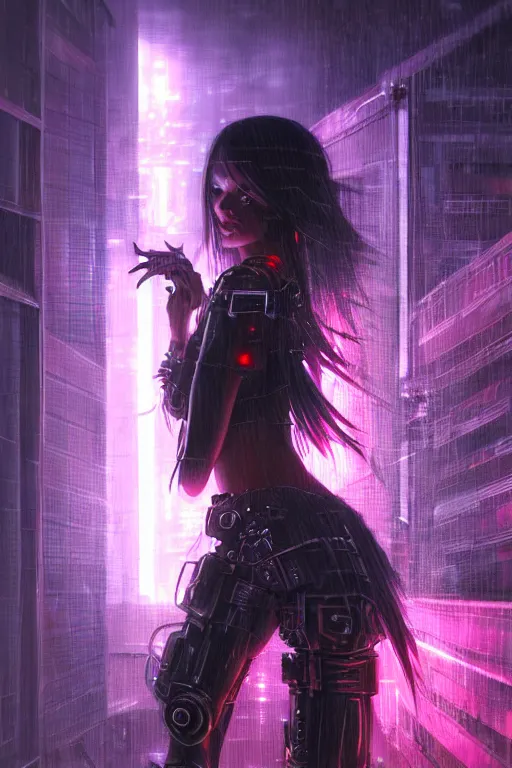 Image similar to portrait futuristic demonic cyberpunk young female pirate, in futuristic stormy thunder rainning tokyo rooftop cyberpunk night, ssci-fi, fantasy, intricate, very very beautiful, elegant, neon light, highly detailed, digital painting, artstation, concept art, soft light, hdri, smooth, sharp focus, illustration, art by tian zi and craig mullins and WLOP and alphonse mucha