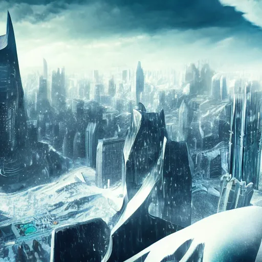 Image similar to batman standing on top of a snowy mountain top and looking down on a futuristic city, 4 k